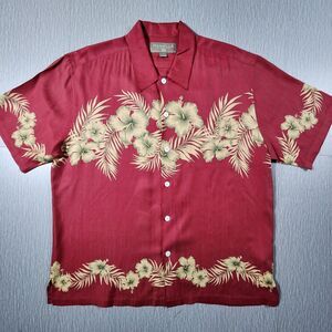 Honolua Surf Co Mens Hawaiian Shirt Red Tan Hibiscus Short Sleeve 100% Silk L